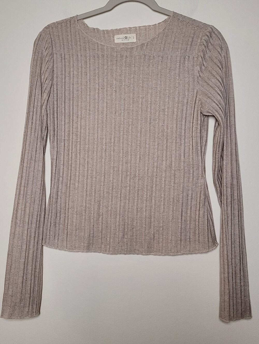 NATURAL LIFE Ribbed Long-Sleeve Top Large Taupe Minimalist Lagenlook Boat Neck